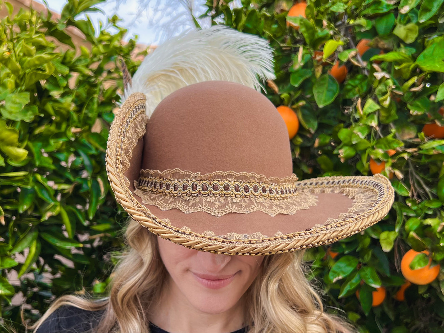 Cavalier Hat 22.5" Brown Wool Base with Gold Trim, Feathers, and Vintage Brooch