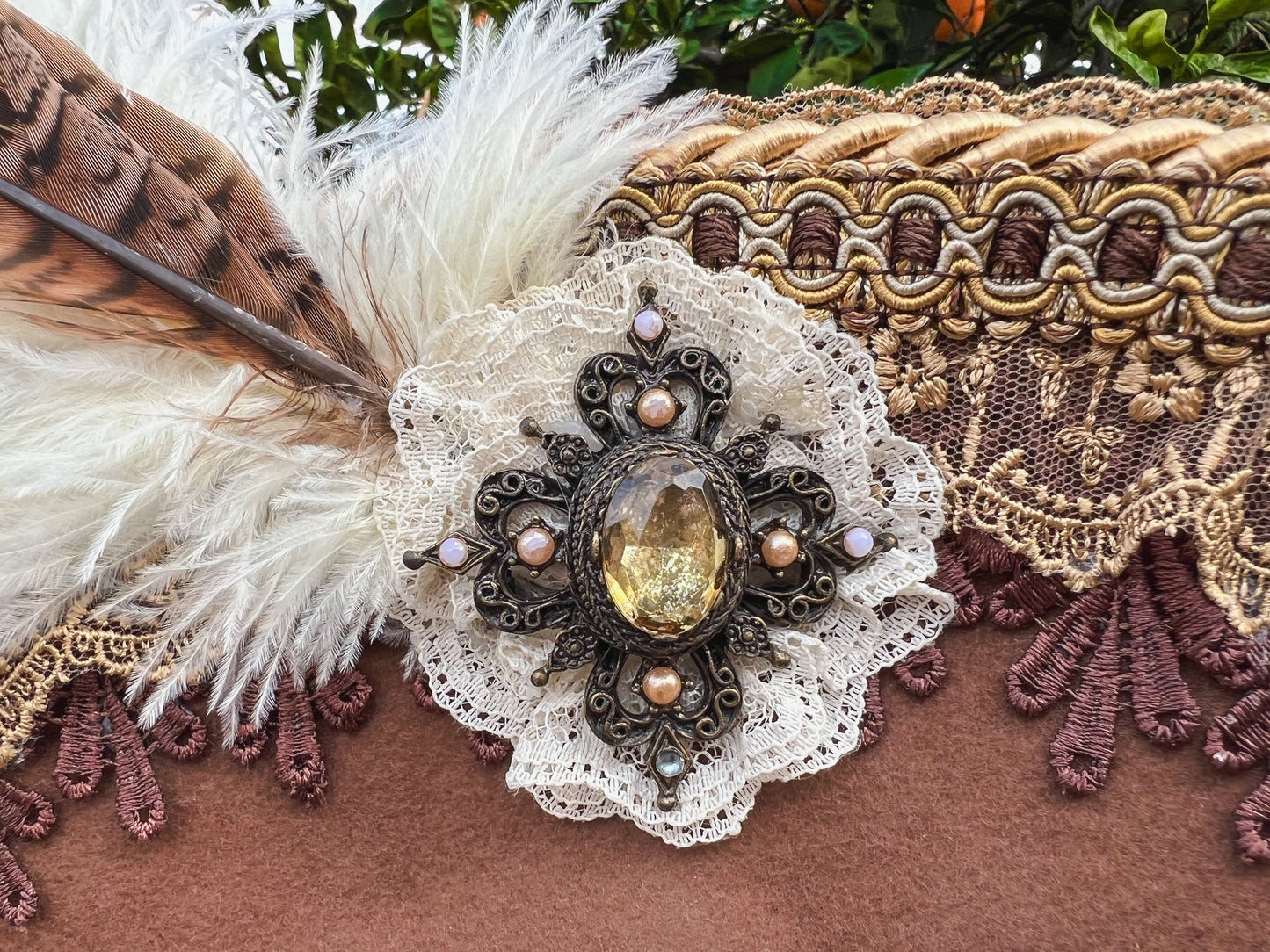 Cavalier Hat 22.5" Brown Wool Base with Gold Trim, Feathers, and Vintage Brooch