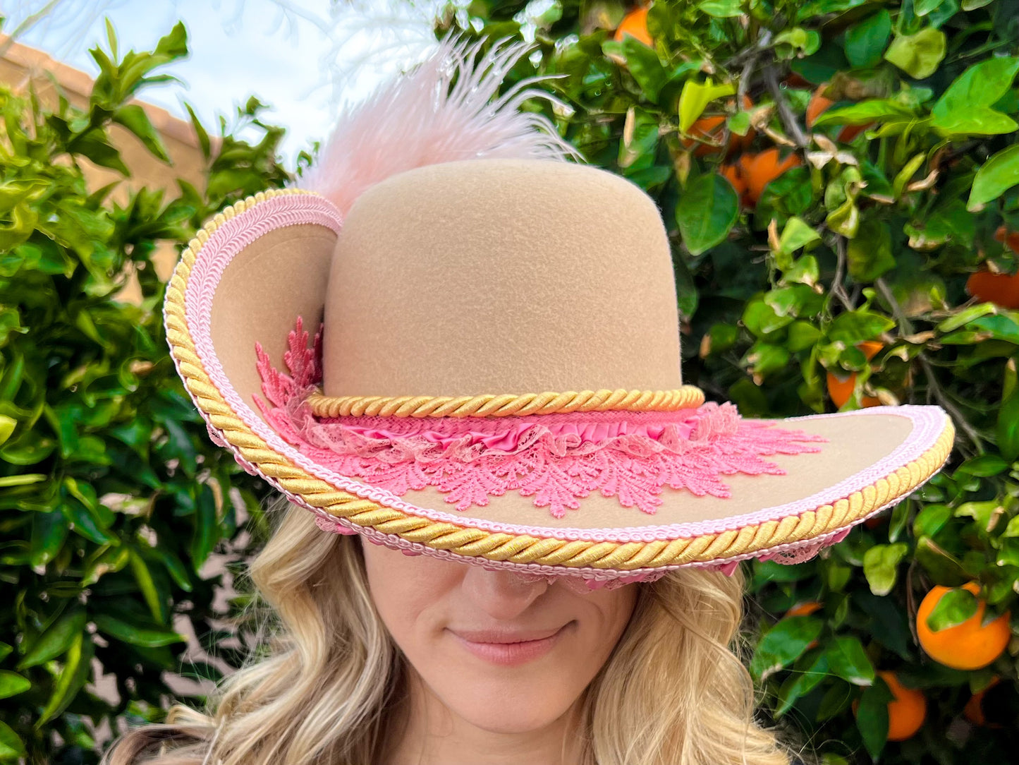 Cavalier Hat 22" Tan Wool Base with Barbie Pink Trim, Feathers, and Gold Brooch