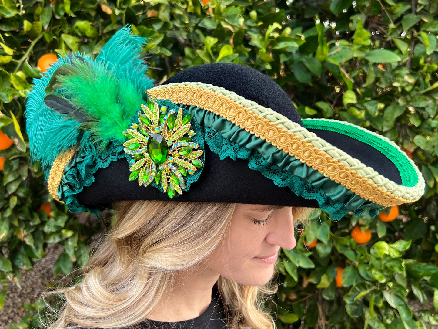 Cavalier Hat 22.5" Black Wool Base with Green Trim, Feathers, and Jumbo Brooch