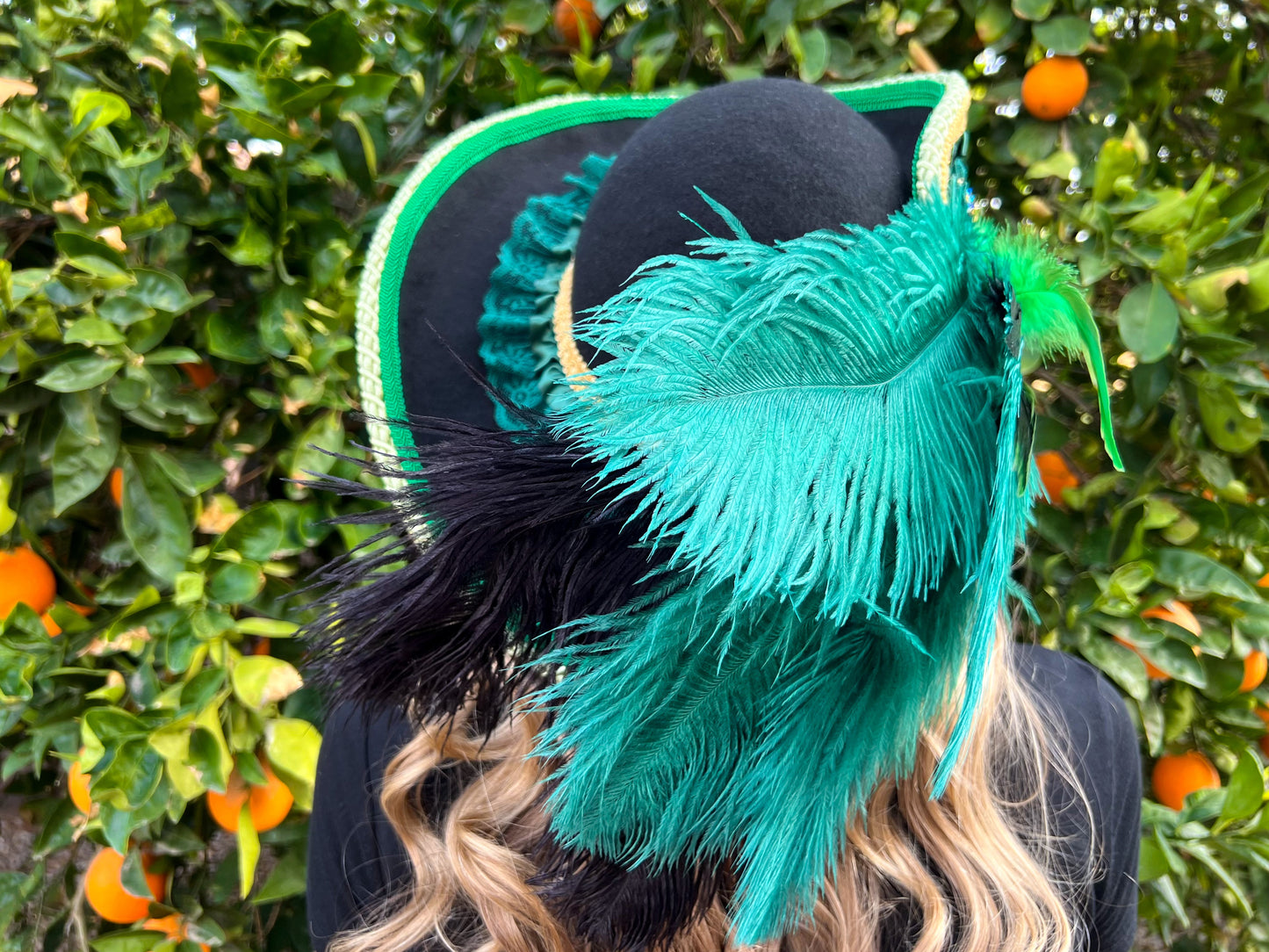 Cavalier Hat 22.5" Black Wool Base with Green Trim, Feathers, and Jumbo Brooch