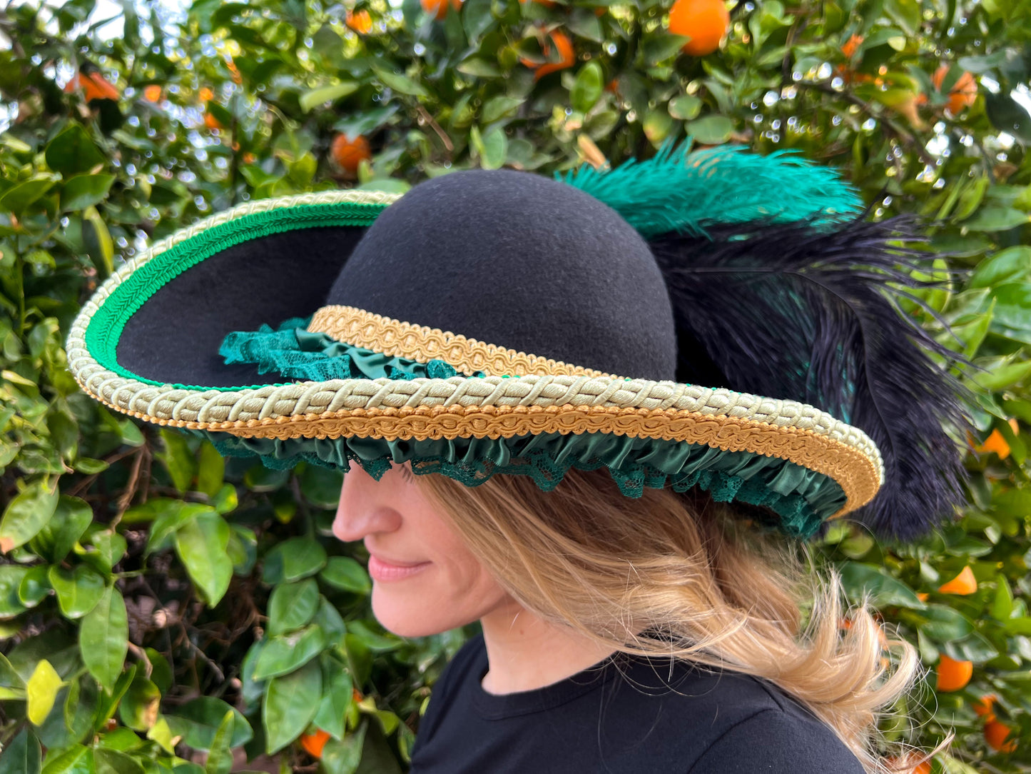 Cavalier Hat 22.5" Black Wool Base with Green Trim, Feathers, and Jumbo Brooch