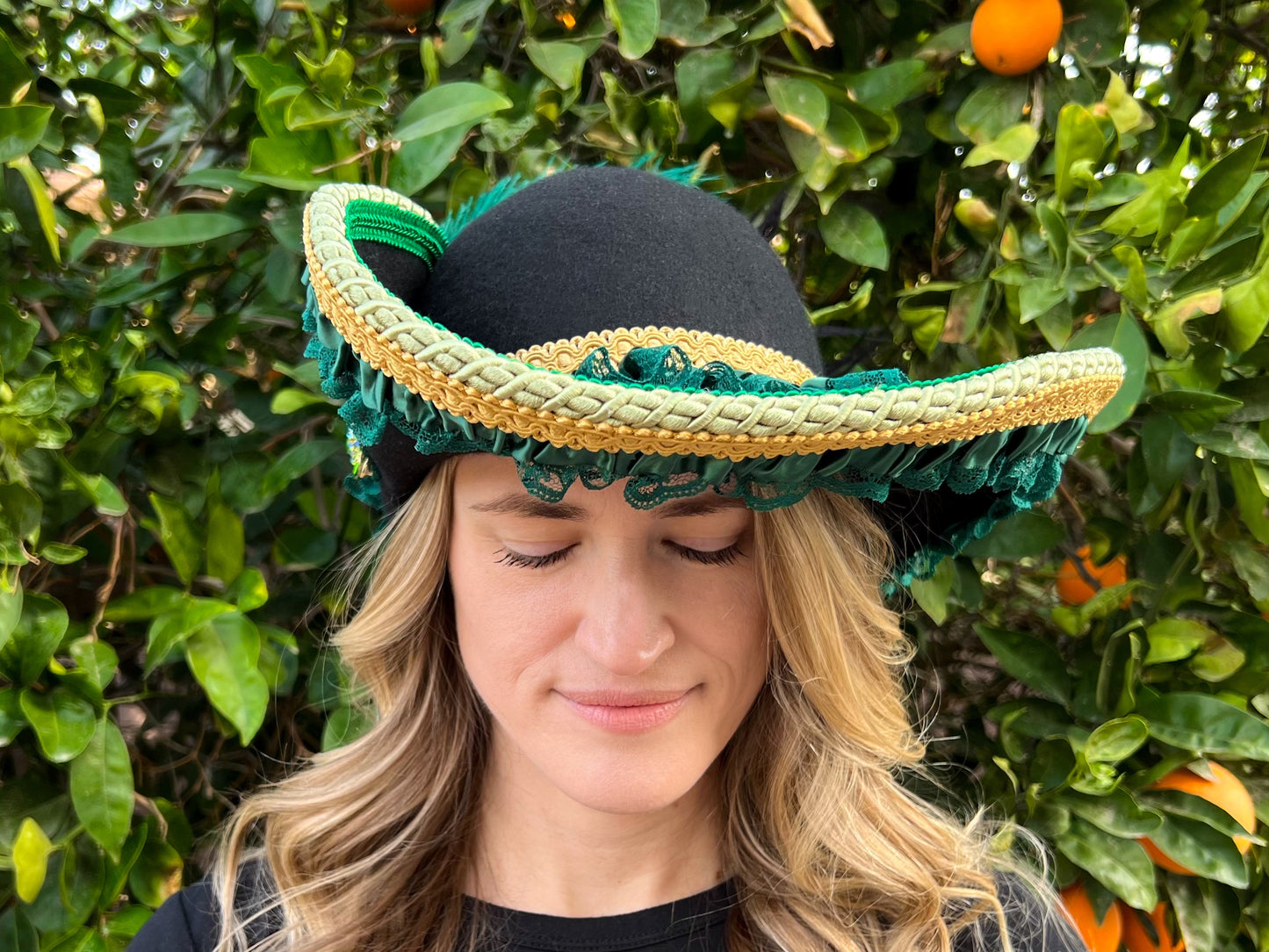 Cavalier Hat 22.5" Black Wool Base with Green Trim, Feathers, and Jumbo Brooch