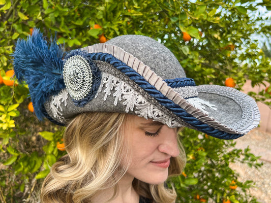 Cavalier Hat 22" Grey Wool Base with Navy Trim, Feathers, and Silver Brooch