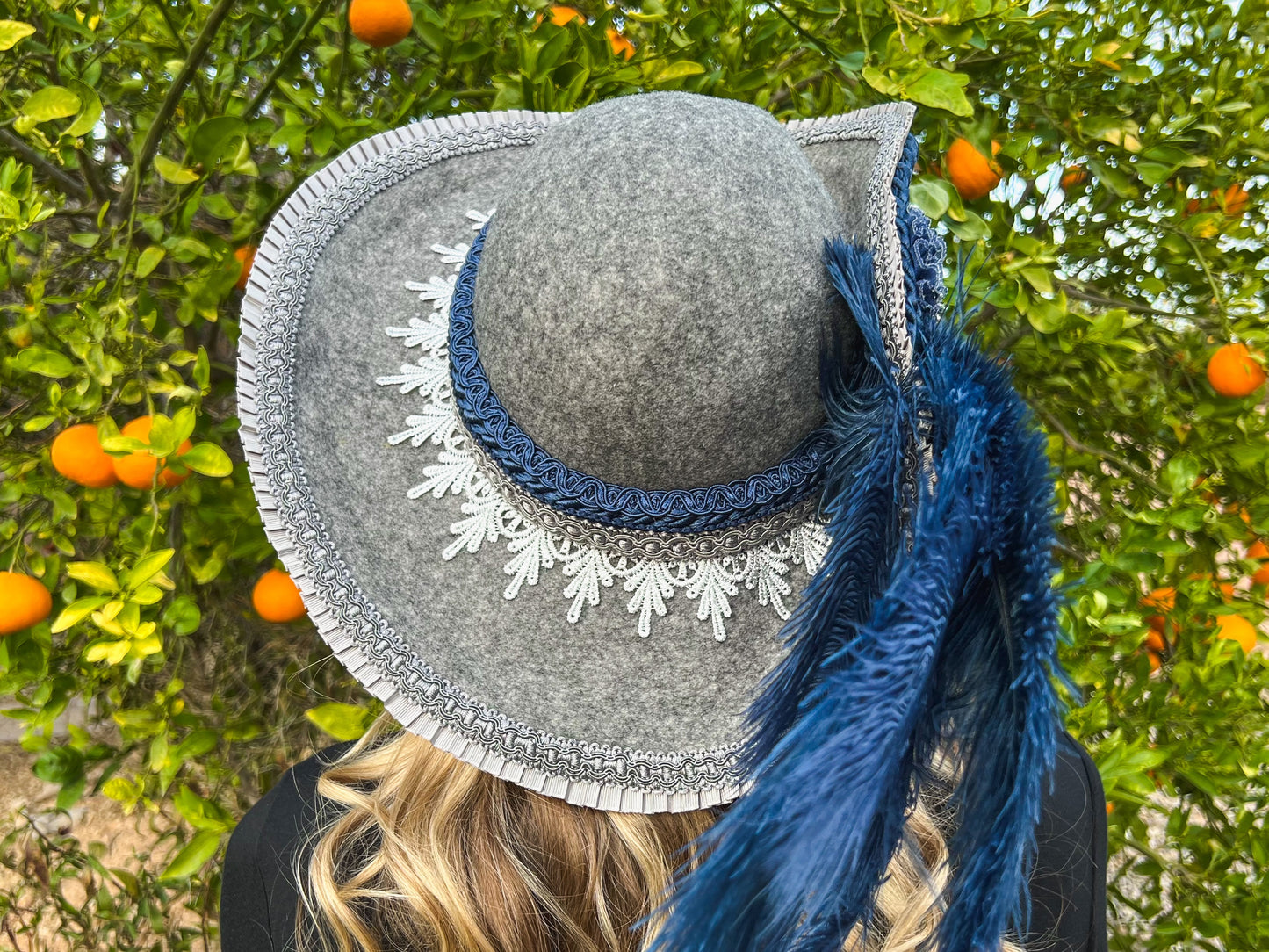 Cavalier Hat 22" Grey Wool Base with Navy Trim, Feathers, and Silver Brooch