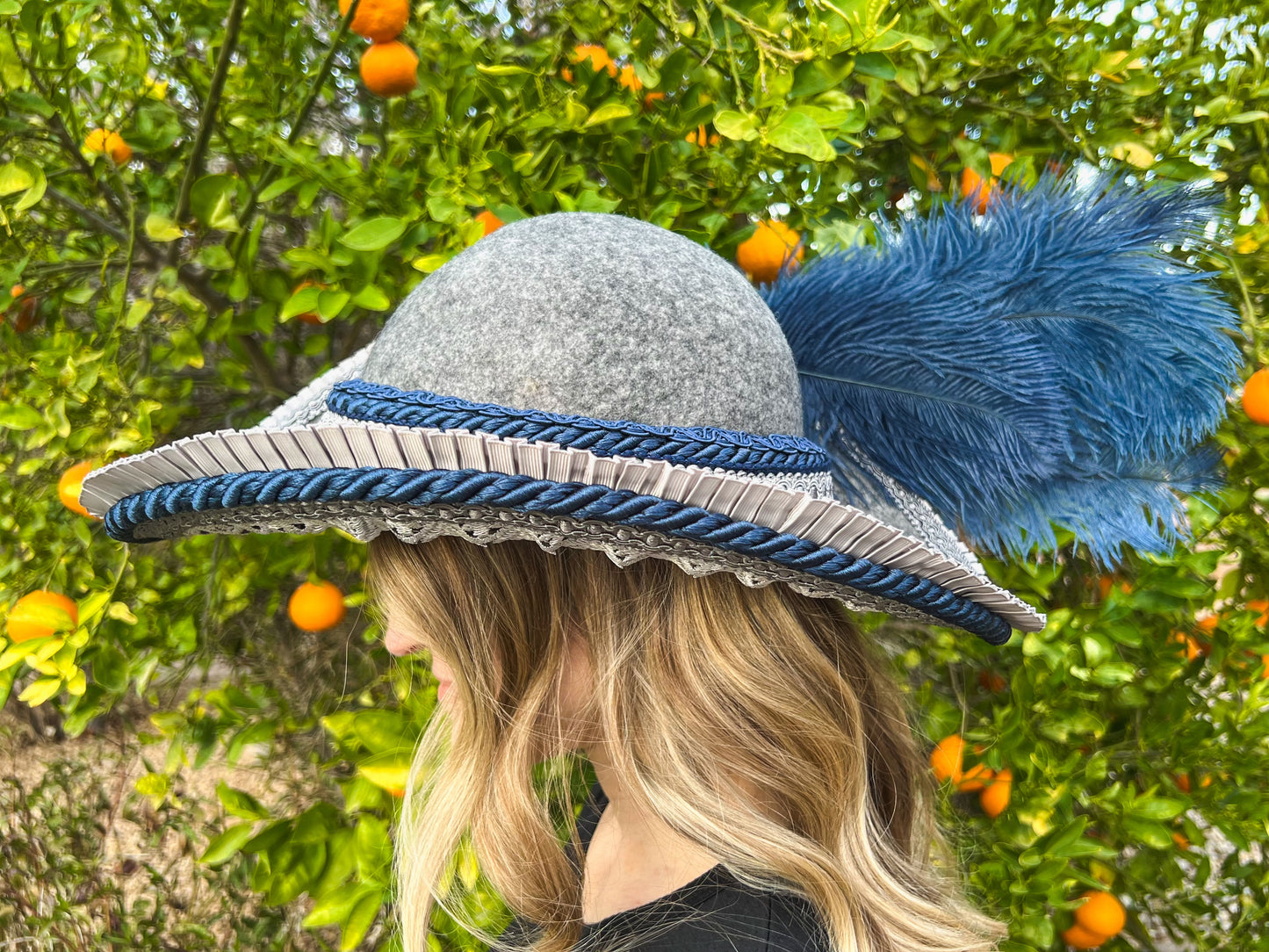 Cavalier Hat 22" Grey Wool Base with Navy Trim, Feathers, and Silver Brooch