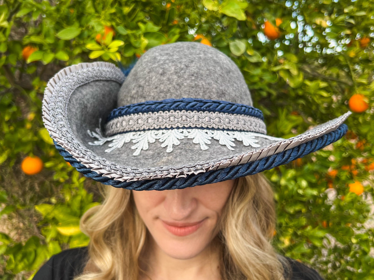 Cavalier Hat 22" Grey Wool Base with Navy Trim, Feathers, and Silver Brooch