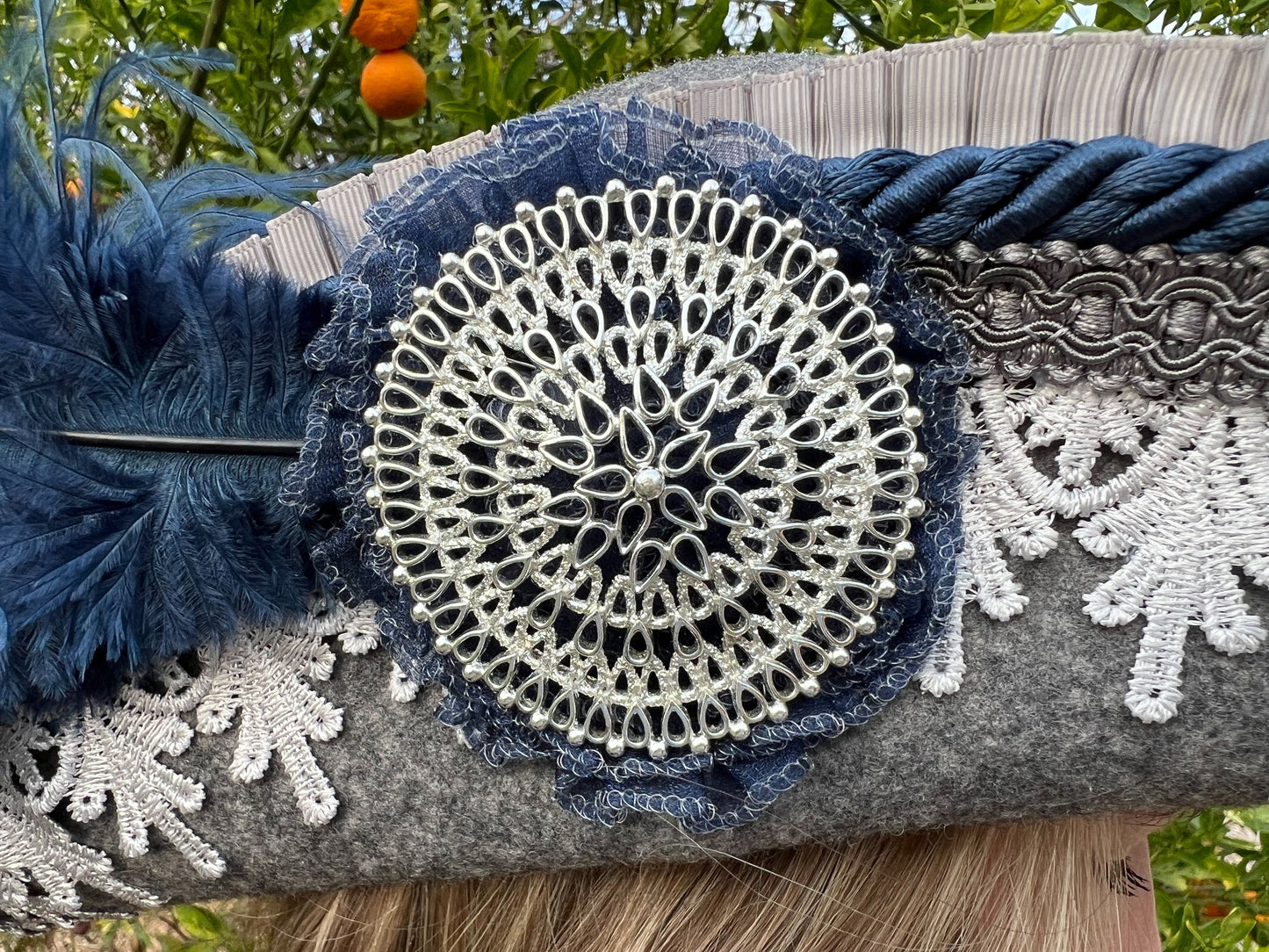 Cavalier Hat 22" Grey Wool Base with Navy Trim, Feathers, and Silver Brooch