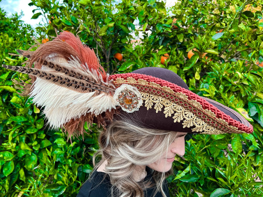 Cavalier Hat 22.5" Brown Wool Base with Rust Trim, Feathers, and Vintage Brooch