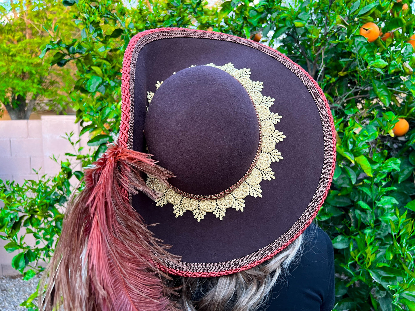 Cavalier Hat 22.5" Brown Wool Base with Rust Trim, Feathers, and Vintage Brooch