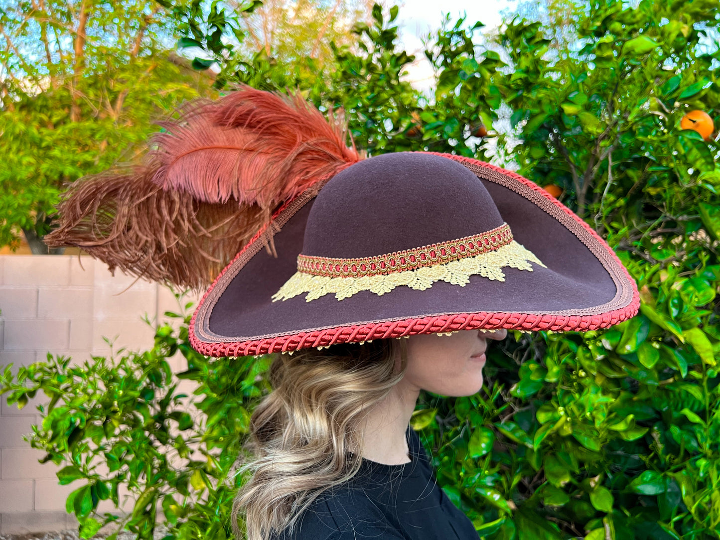 Cavalier Hat 22.5" Brown Wool Base with Rust Trim, Feathers, and Vintage Brooch