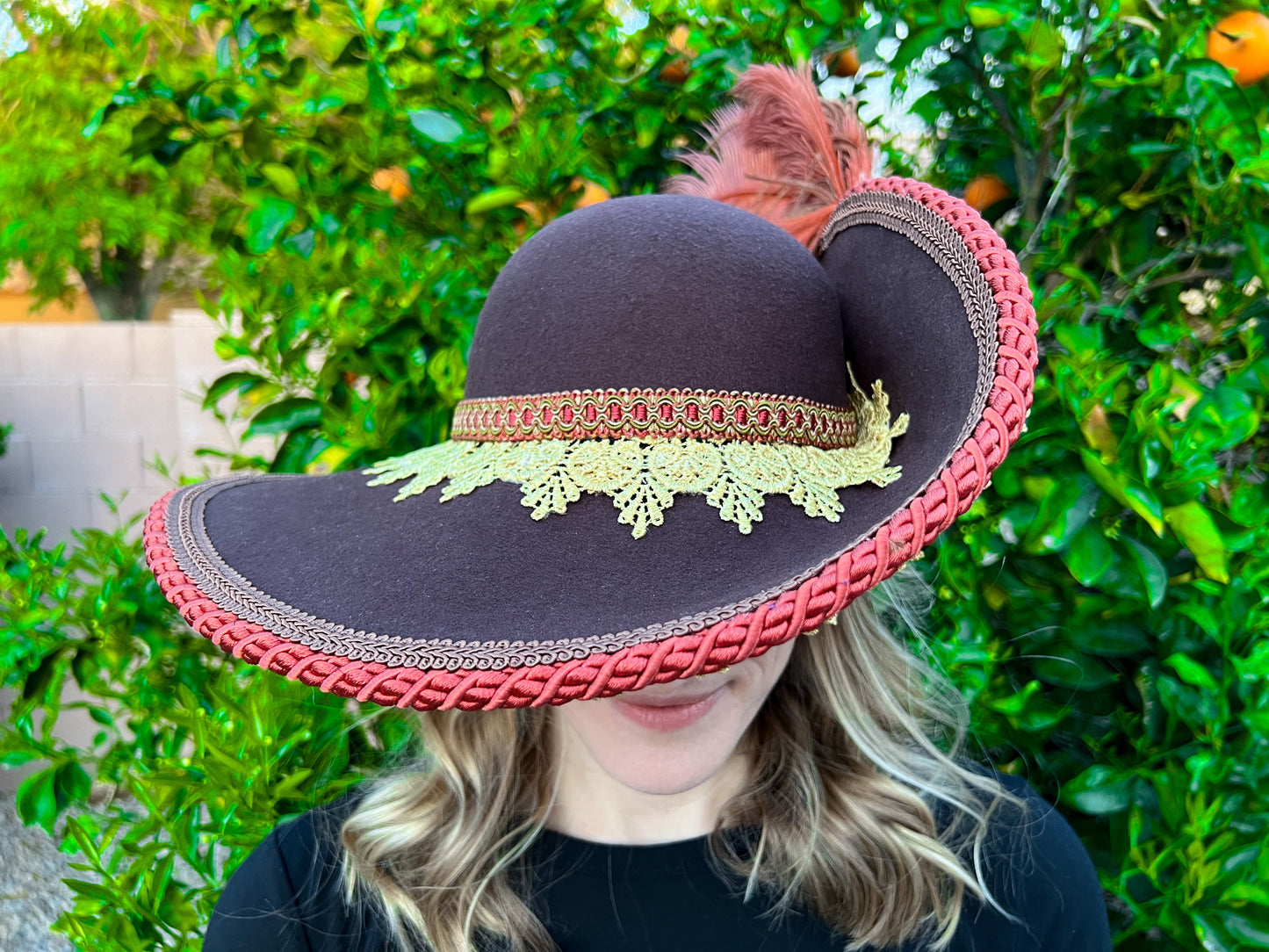 Cavalier Hat 22.5" Brown Wool Base with Rust Trim, Feathers, and Vintage Brooch