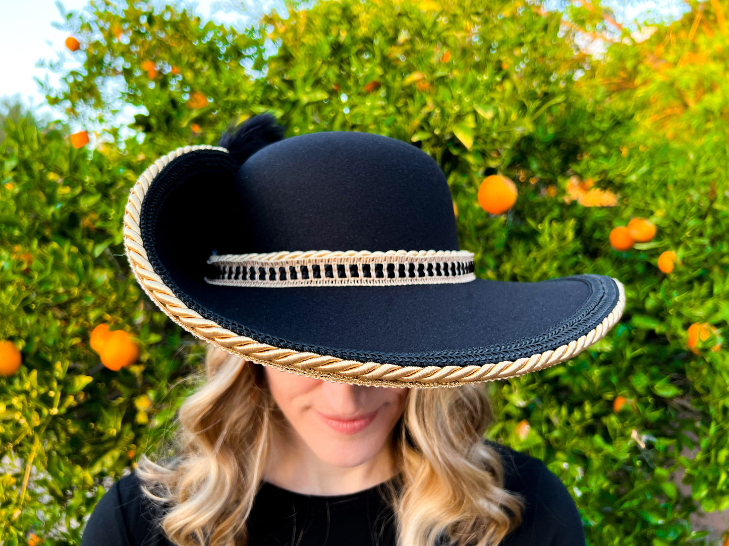 Cavalier Hat 23" Black Polyester Base with Gold Trim, Feathers, and Gold Brooch