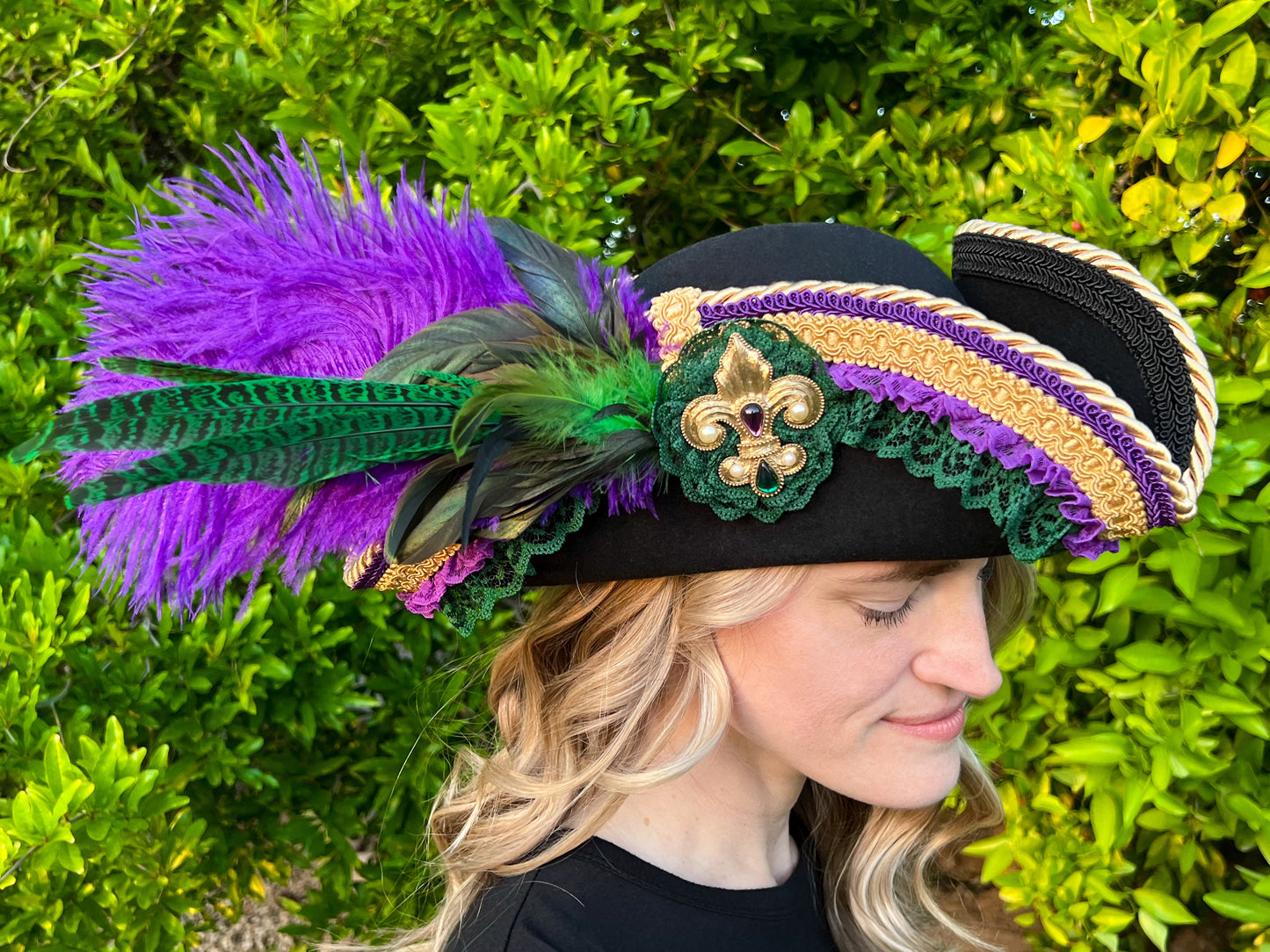 Tricorn Hat 22" Black Wool Base with Purple/Green Trim, Feathers, and Brooch