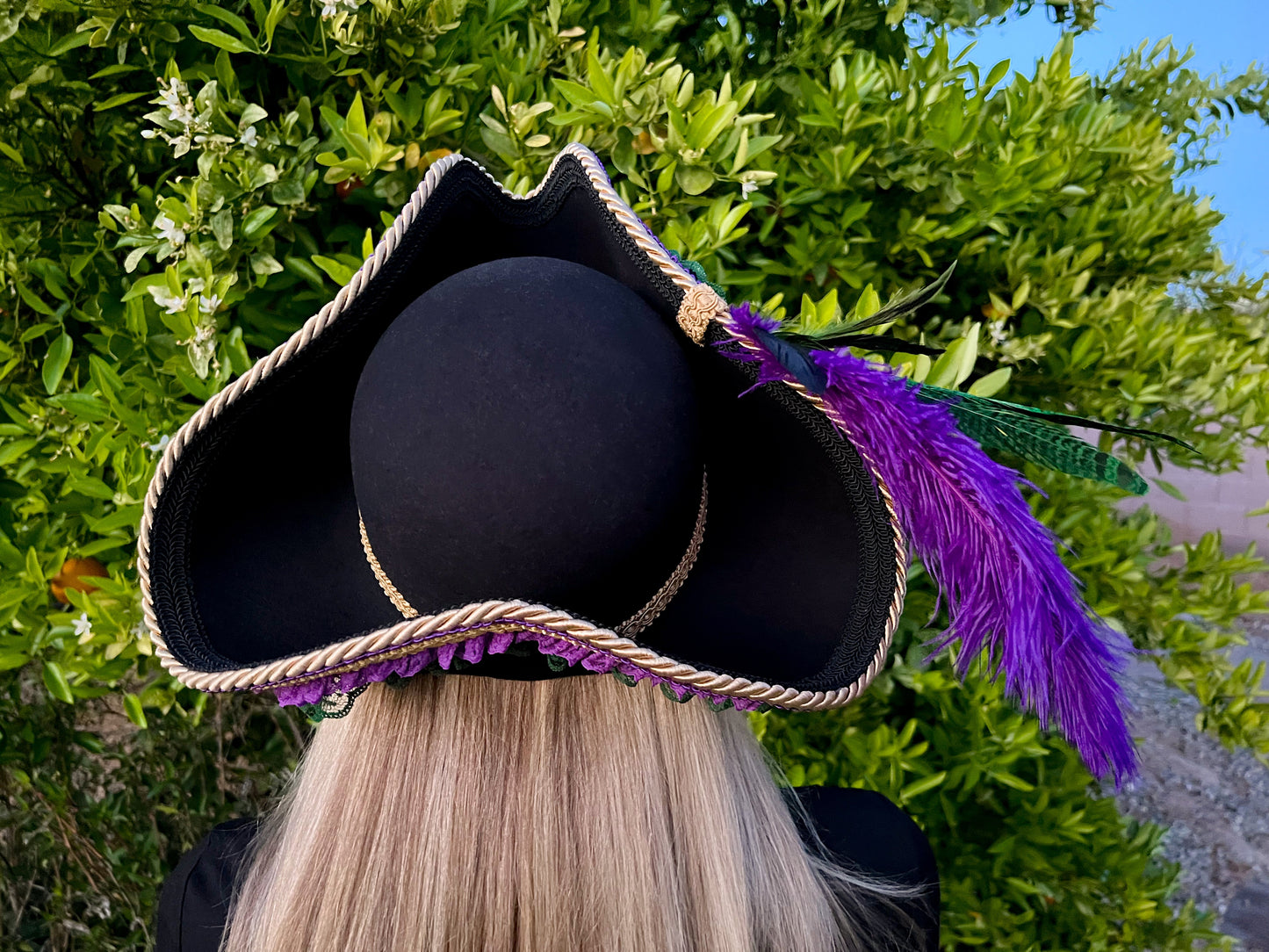 Tricorn Hat 22" Black Wool Base with Purple/Green Trim, Feathers, and Brooch