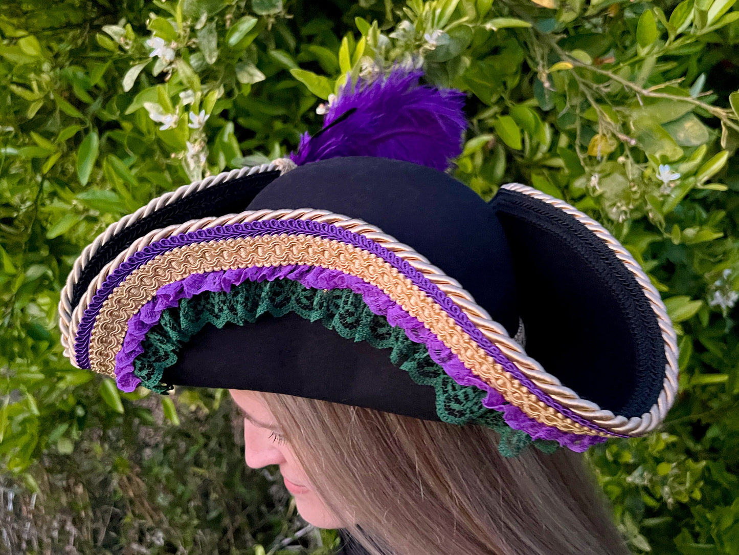 Tricorn Hat 22" Black Wool Base with Purple/Green Trim, Feathers, and Brooch