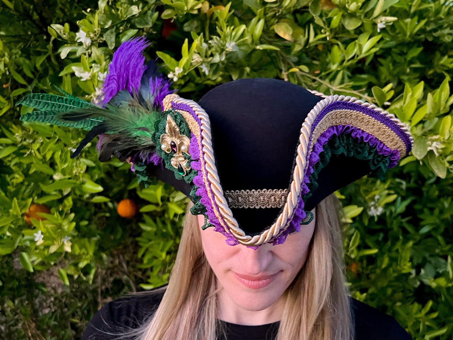 Tricorn Hat 22" Black Wool Base with Purple/Green Trim, Feathers, and Brooch