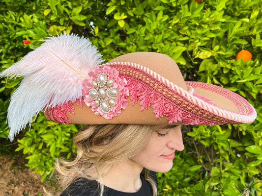 Cavalier Hat 23" Tan Wool Base with Barbie Pink Trim, Feathers, and Pearl Brooch