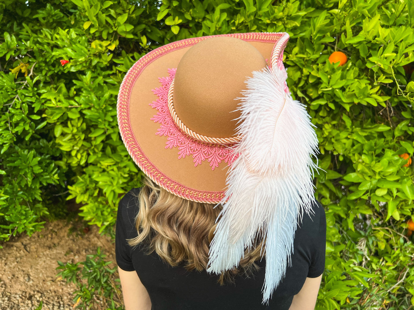 Cavalier Hat 23" Tan Wool Base with Barbie Pink Trim, Feathers, and Pearl Brooch