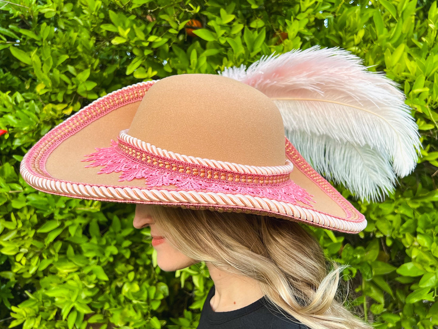 Cavalier Hat 23" Tan Wool Base with Barbie Pink Trim, Feathers, and Pearl Brooch