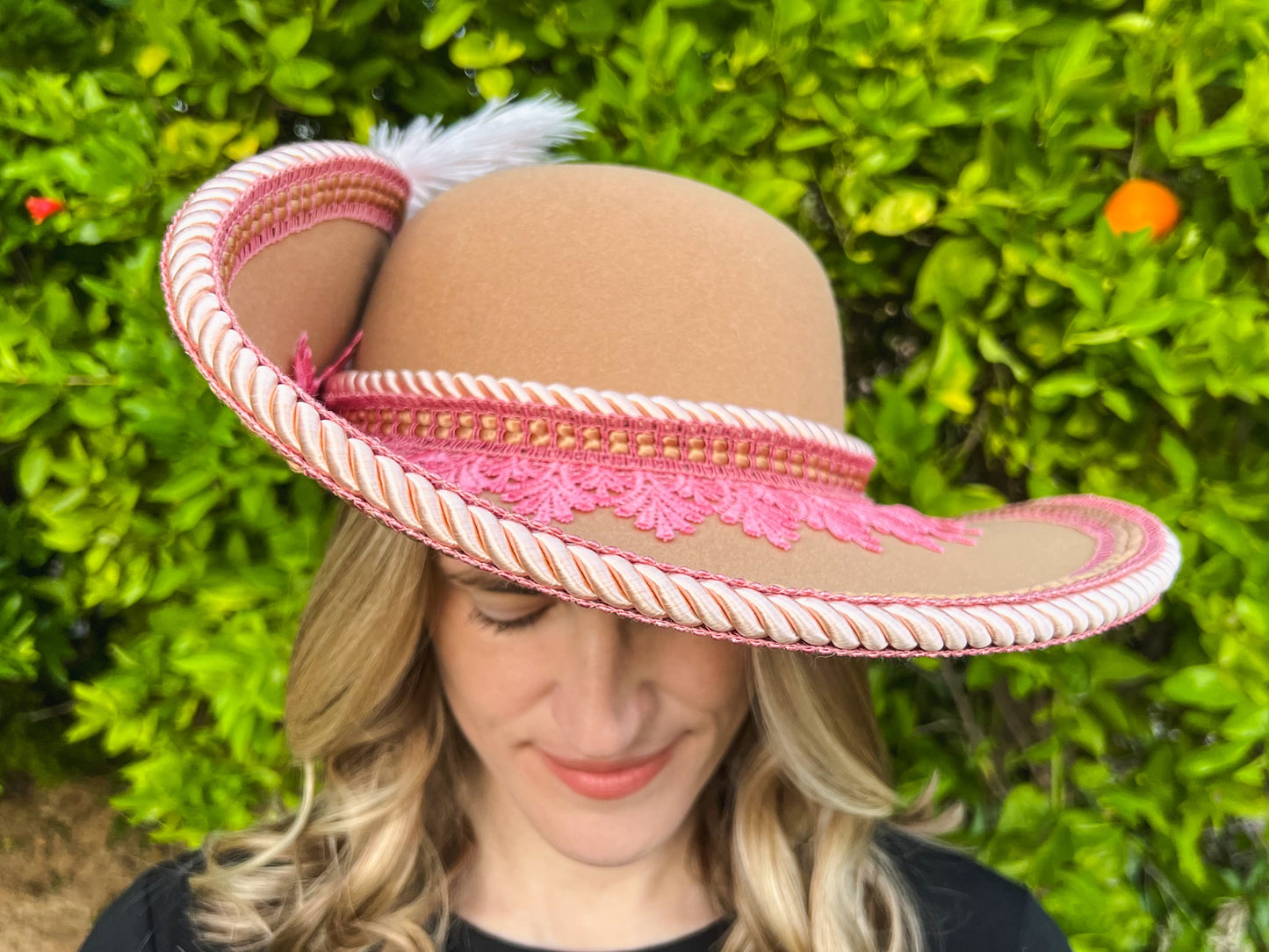 Cavalier Hat 23" Tan Wool Base with Barbie Pink Trim, Feathers, and Pearl Brooch