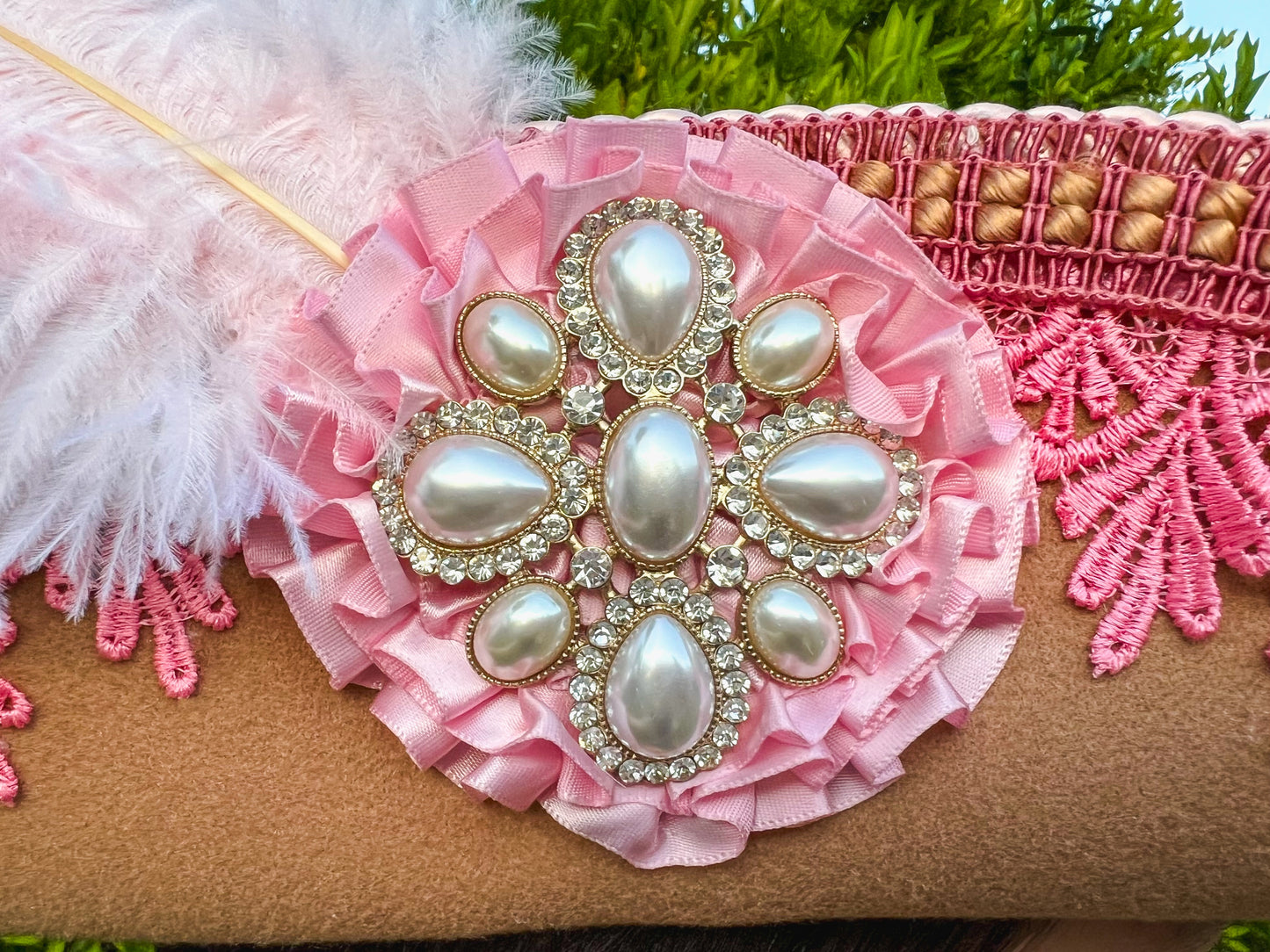 Cavalier Hat 23" Tan Wool Base with Barbie Pink Trim, Feathers, and Pearl Brooch