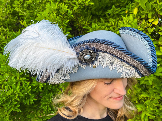 Tricorn Hat 22" Blue Wool Base with Navy/Silver Trim, Feathers, and Vintage Brooch