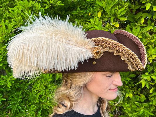 Tricorn Hat 22" Brown Wool Base with Gold Trim, Feathers, and Maltese Cross Brooch