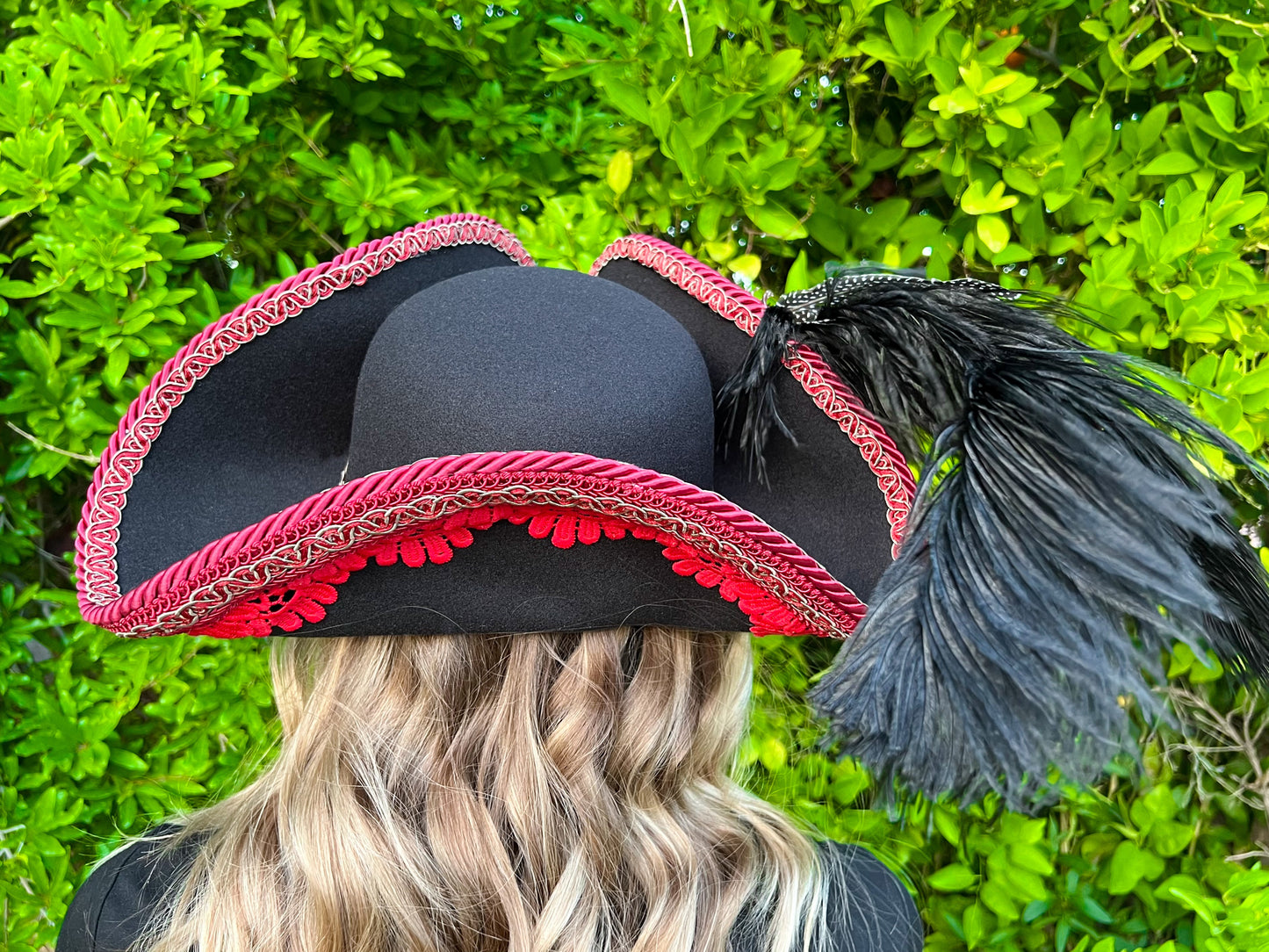 Tricorn Hat 22" Black Polyester Base with Red Trim, Feathers, and Vintage Brooch