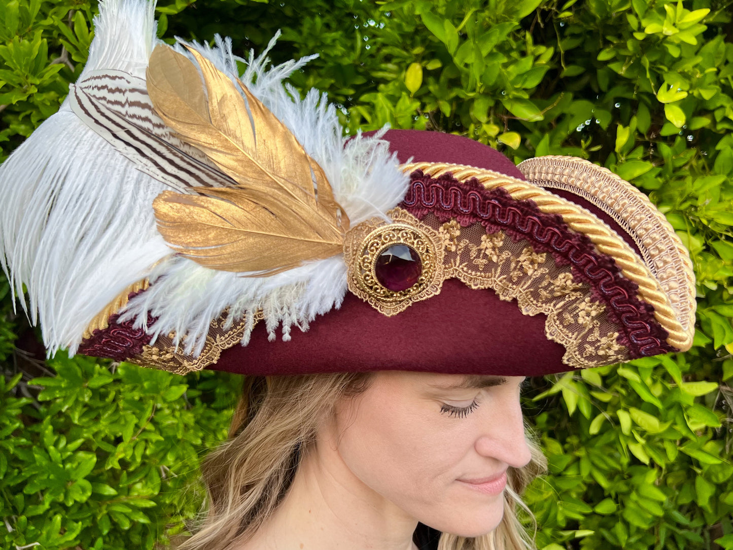 Bicorn Hat 23" Maroon Wool Base with Gold Trim, Feathers, and Vintage Brooch