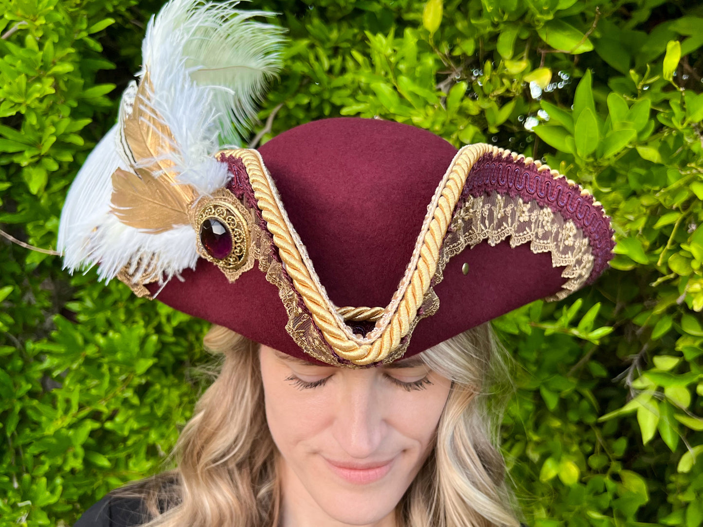 Bicorn Hat 23" Maroon Wool Base with Gold Trim, Feathers, and Vintage Brooch