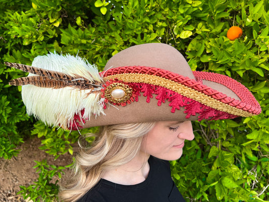 Cavalier Hat 22" Tan Wool Base with Rust Trim, Feathers, and Pearl Brooch