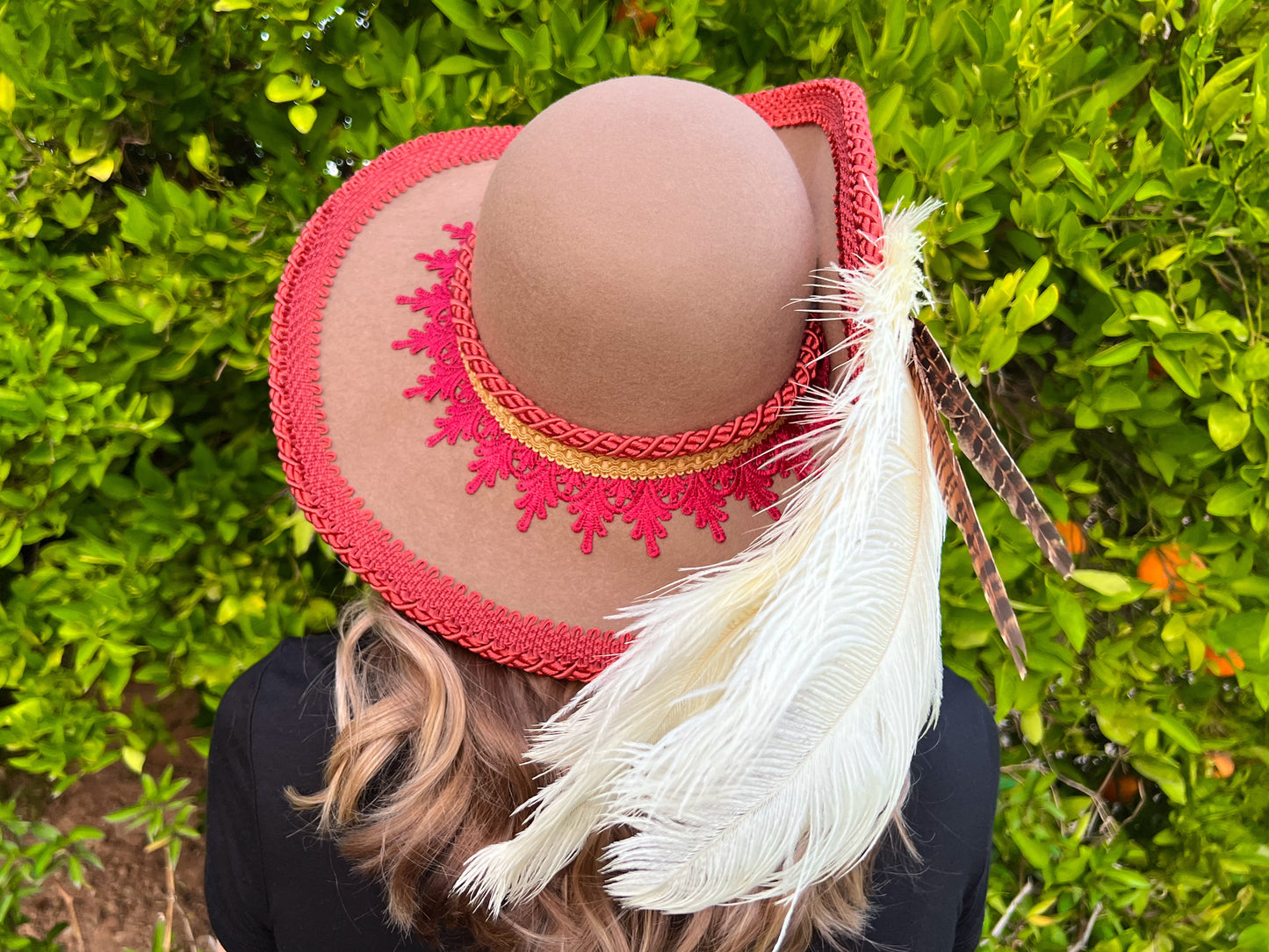 Cavalier Hat 22" Tan Wool Base with Rust Trim, Feathers, and Pearl Brooch