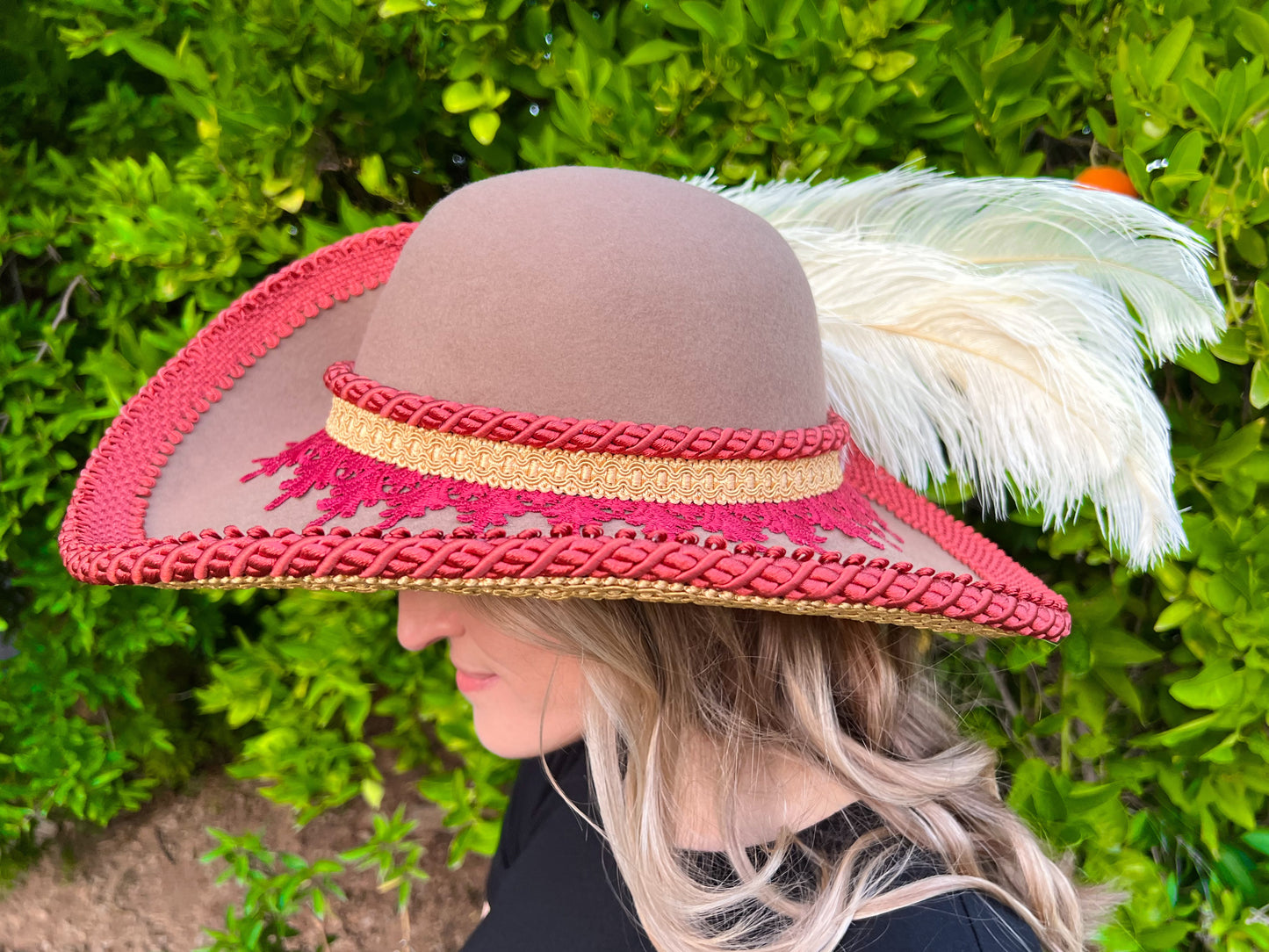 Cavalier Hat 22" Tan Wool Base with Rust Trim, Feathers, and Pearl Brooch