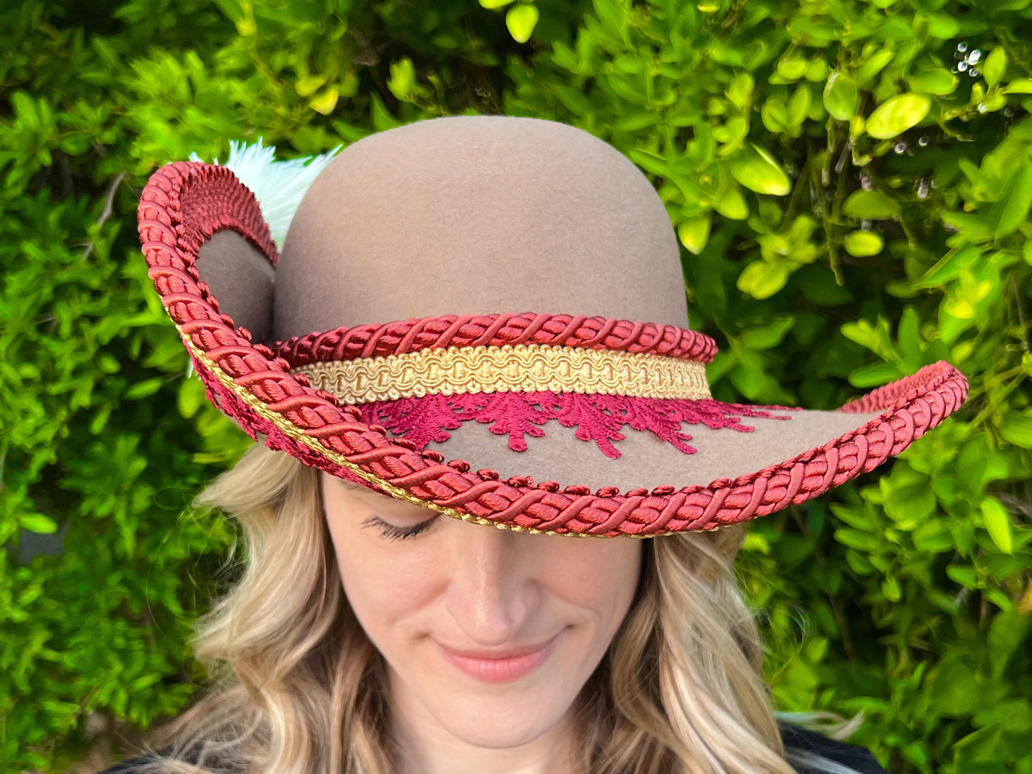 Cavalier Hat 22" Tan Wool Base with Rust Trim, Feathers, and Pearl Brooch