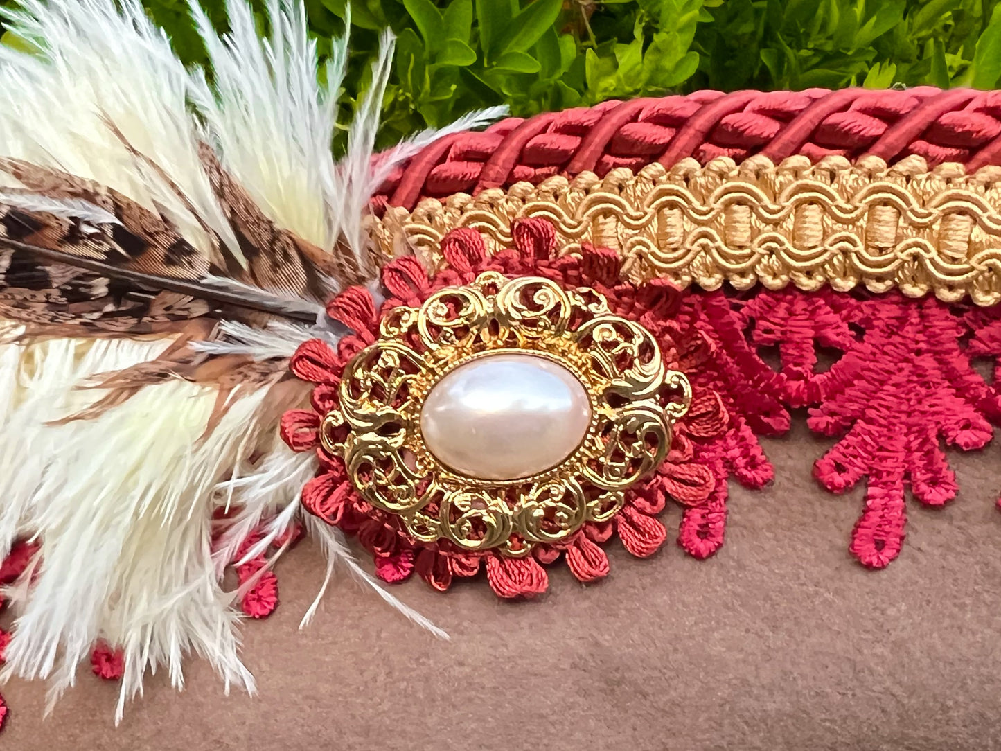 Cavalier Hat 22" Tan Wool Base with Rust Trim, Feathers, and Pearl Brooch