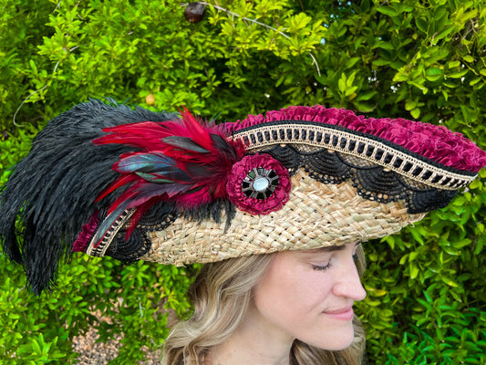 Tricorn Hat 21.75" Beige Straw Base with Maroon/Black Trim, Feathers, and Brooch