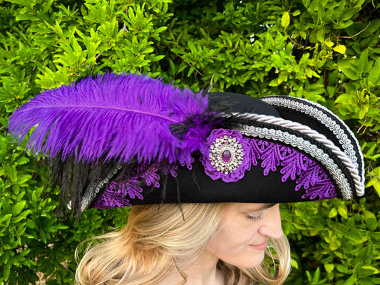 Bicorn Hat 22" Black Polyester Base with Purple Trim, Feathers, and Brooch