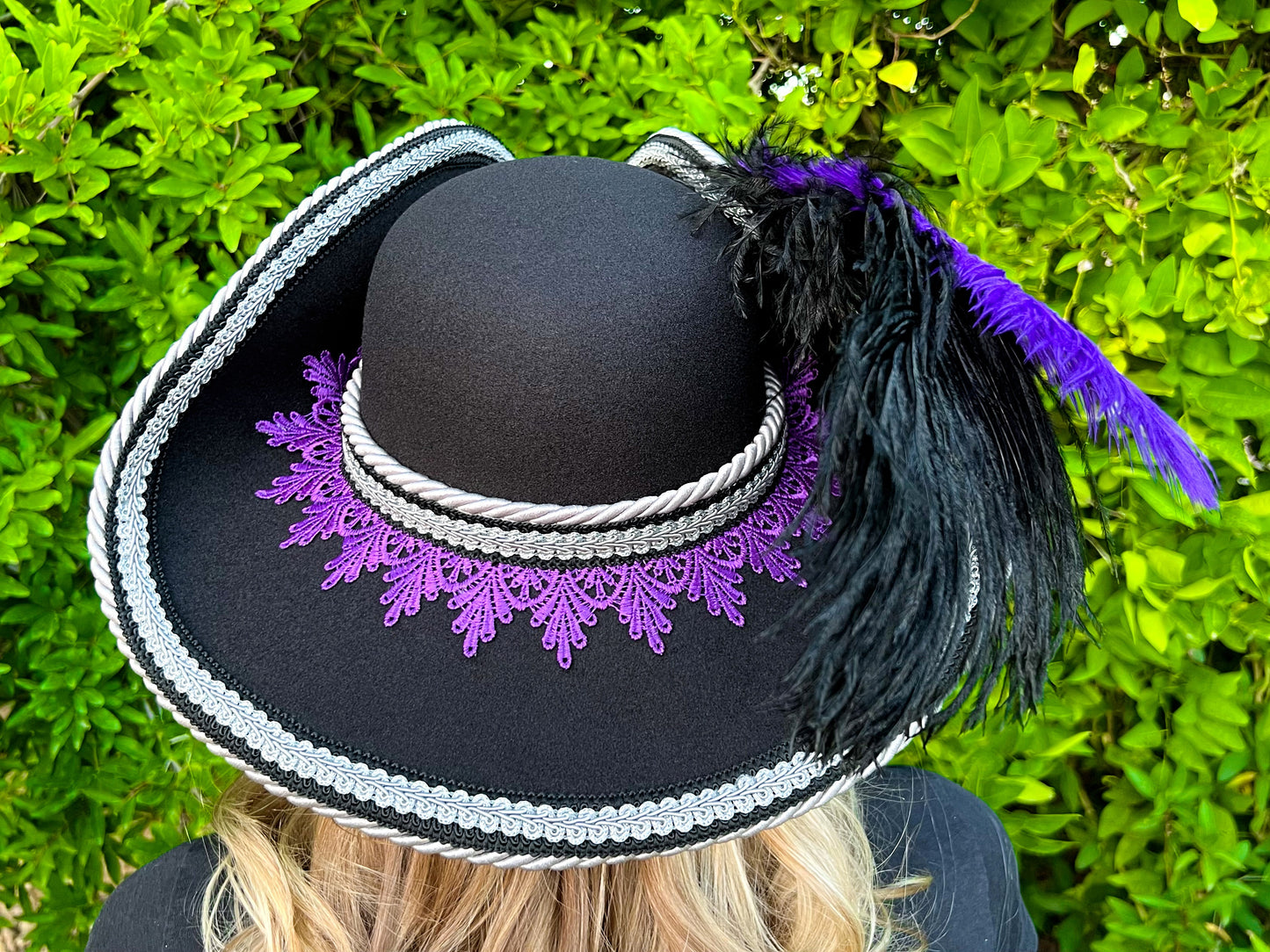 Bicorn Hat 22" Black Polyester Base with Purple Trim, Feathers, and Brooch