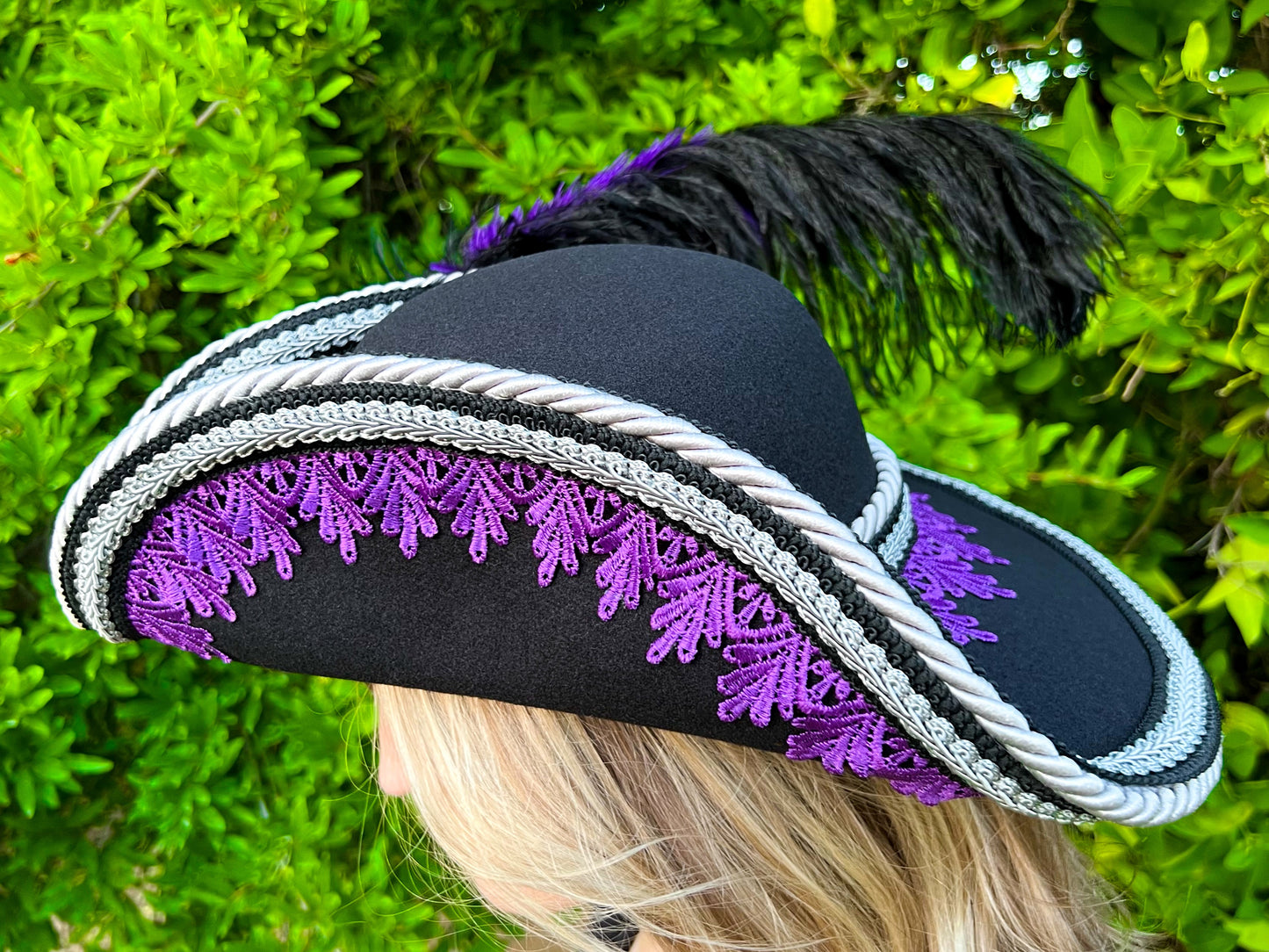 Bicorn Hat 22" Black Polyester Base with Purple Trim, Feathers, and Brooch