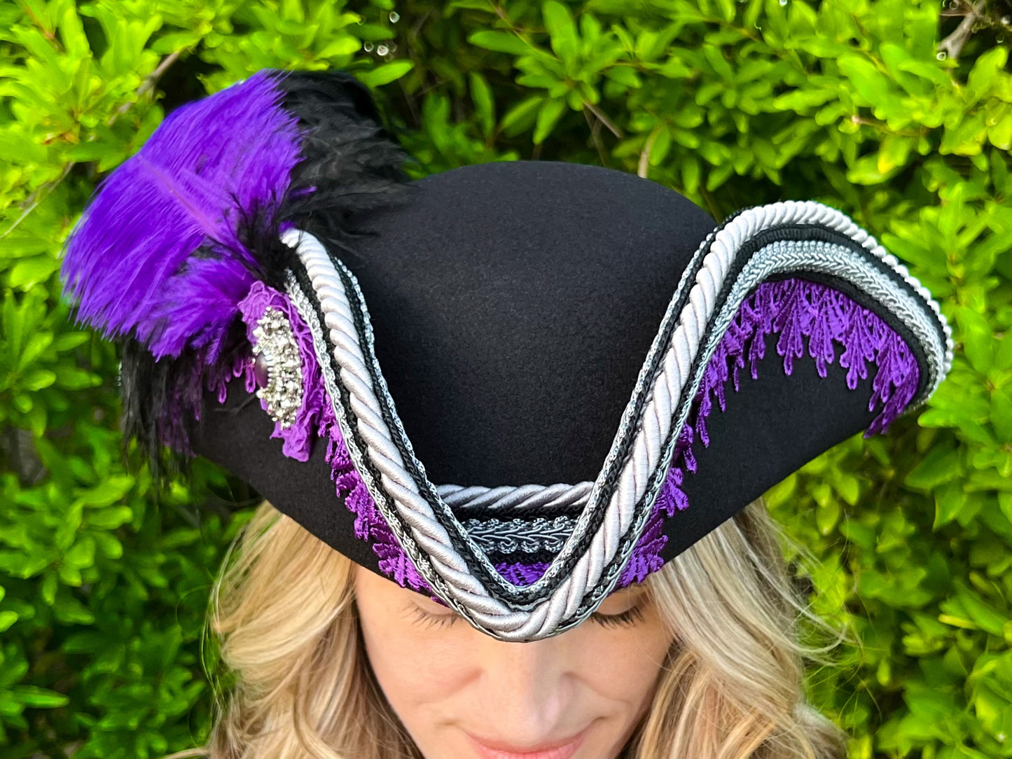 Bicorn Hat 22" Black Polyester Base with Purple Trim, Feathers, and Brooch