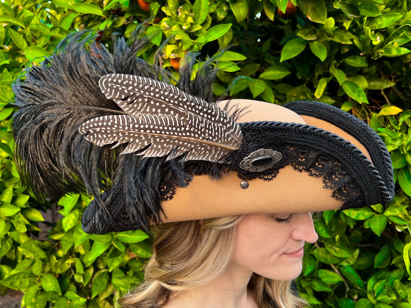 Bicorn Hat 23" Tan Polyester Base with Black Trim, Feathers, and Brooch