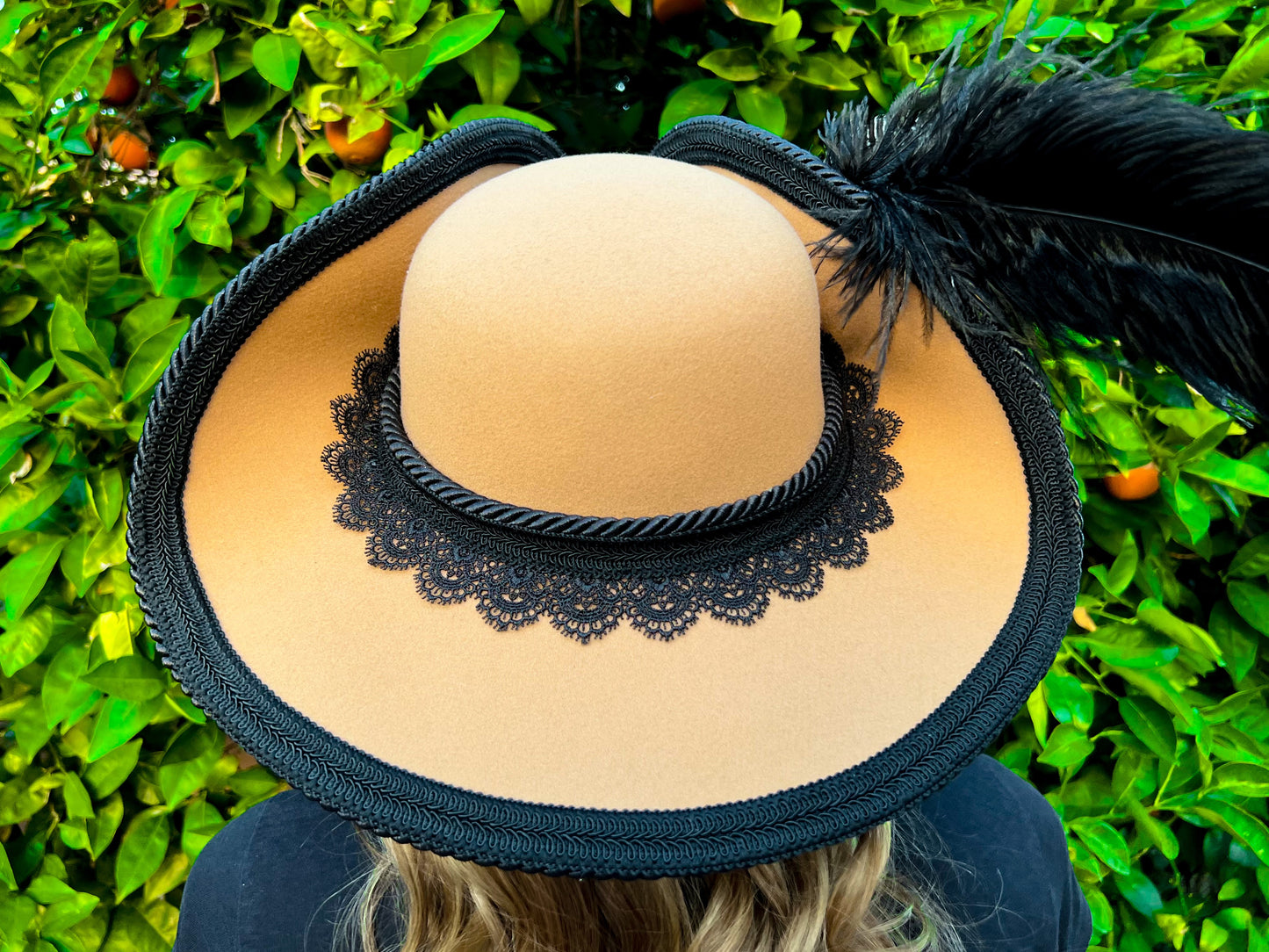 Bicorn Hat 23" Tan Polyester Base with Black Trim, Feathers, and Brooch