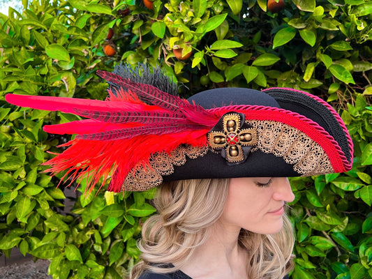 Bicorn Hat 22" Black Polyester Base with Red/Gold Trim, Feathers, and Brooch