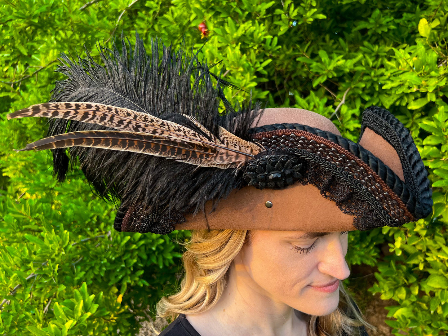 Tricorn Hat 21.75" Brown Wool Base with Black Trim, Feathers, and Brooch