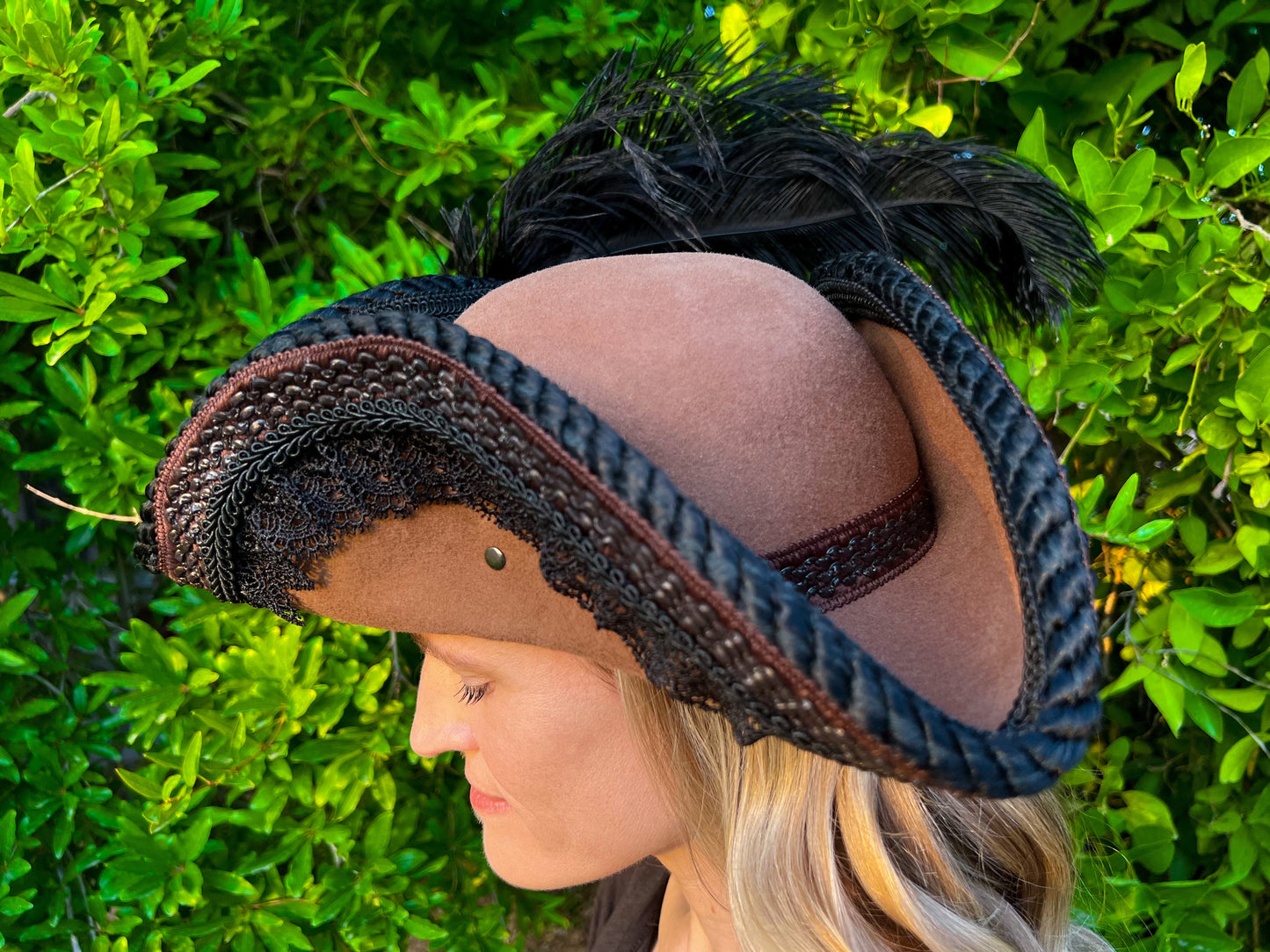 Tricorn Hat 21.75" Brown Wool Base with Black Trim, Feathers, and Brooch