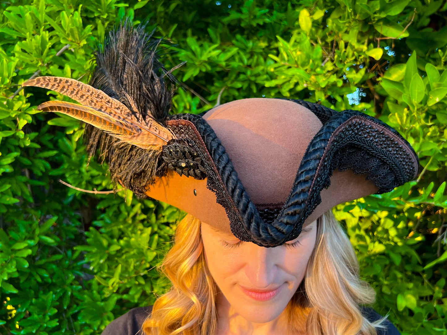 Tricorn Hat 21.75" Brown Wool Base with Black Trim, Feathers, and Brooch