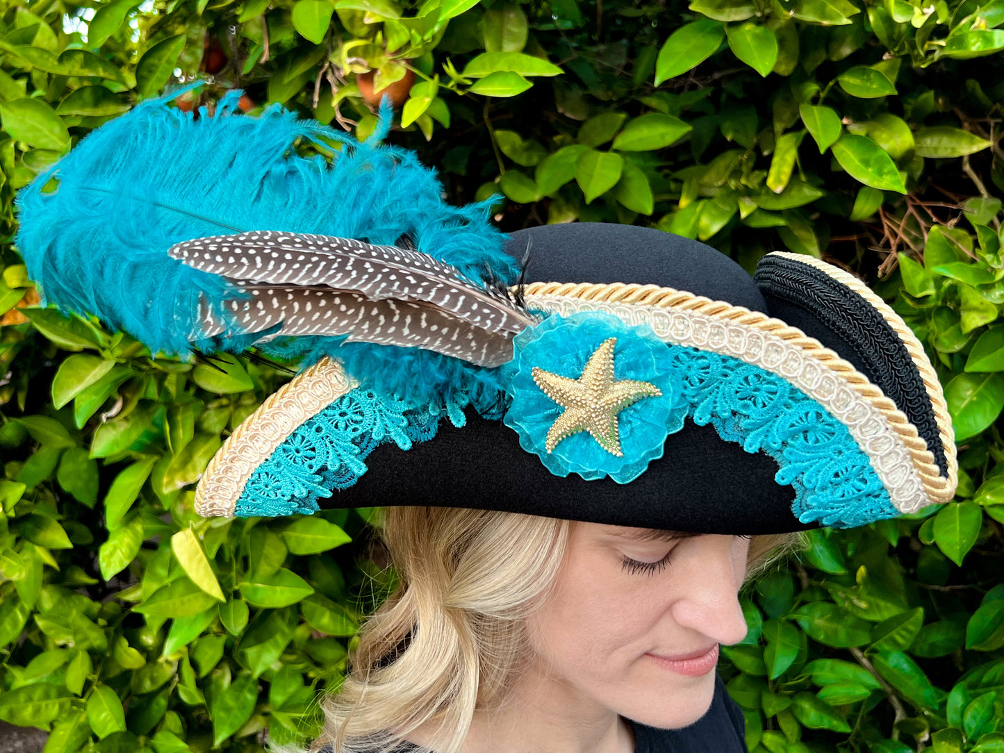 Bicorn Hat 22" Black Polyester Base with Teal/Turquoise Trim, Feathers, and Brooch