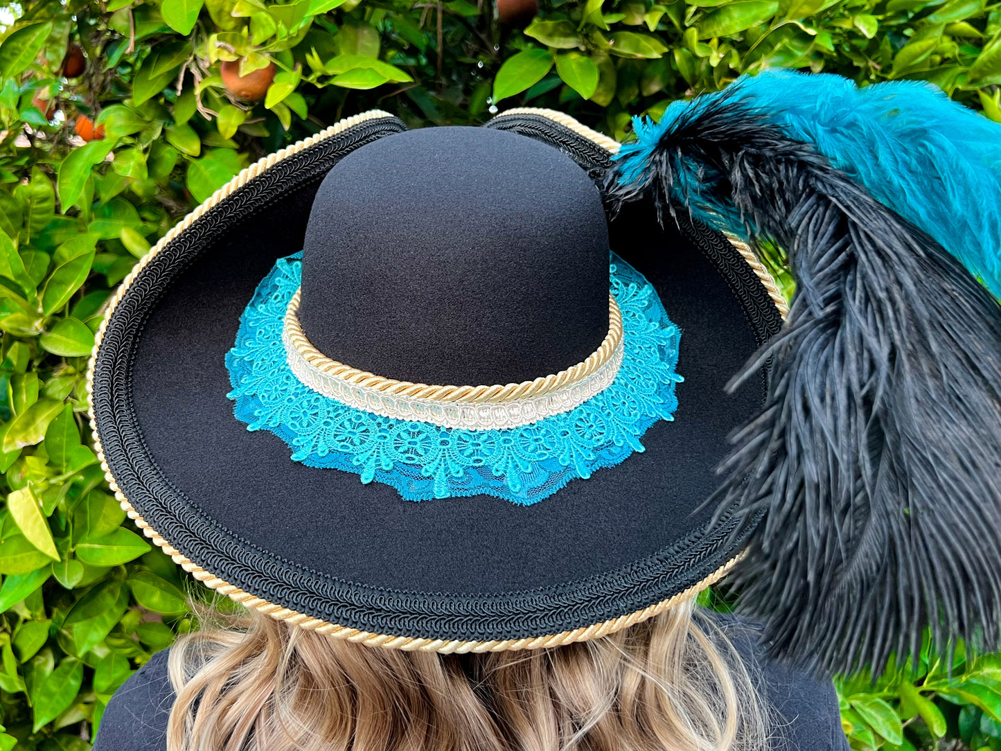 Bicorn Hat 22" Black Polyester Base with Teal/Turquoise Trim, Feathers, and Brooch