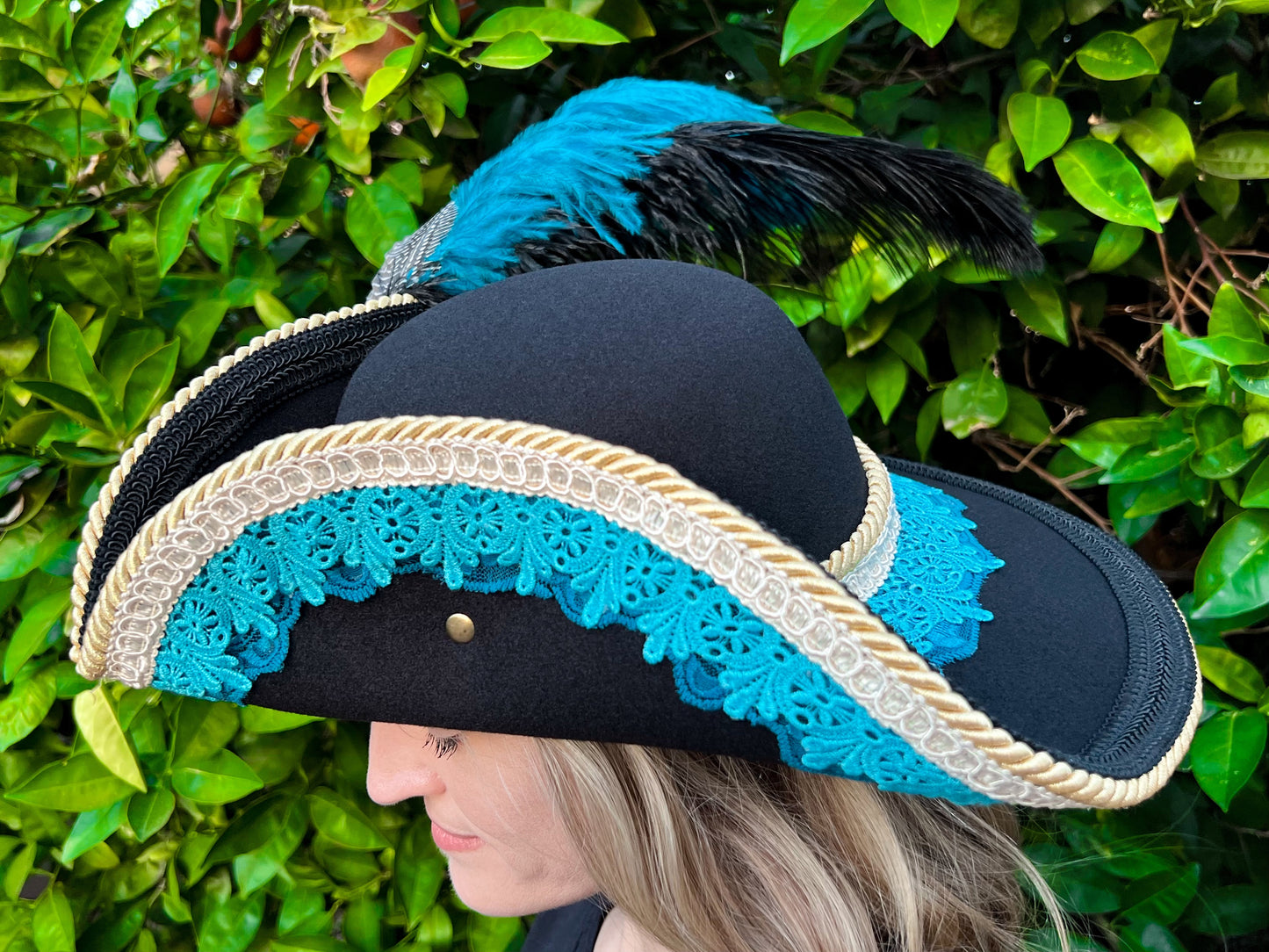 Bicorn Hat 22" Black Polyester Base with Teal/Turquoise Trim, Feathers, and Brooch